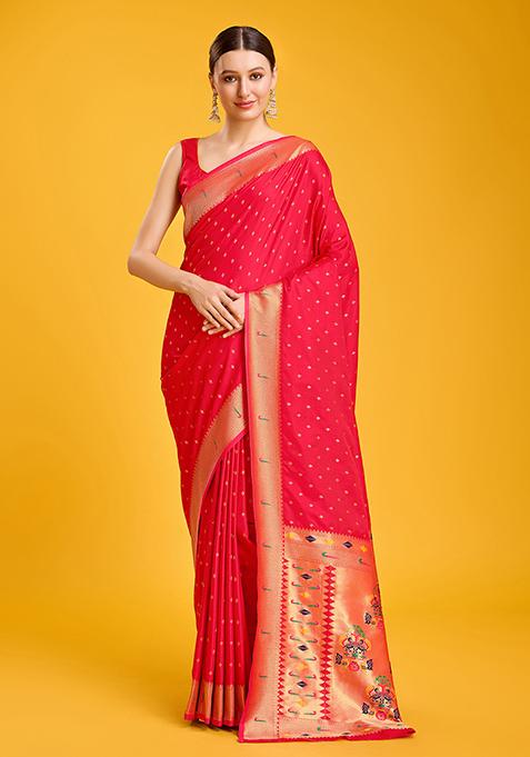 Red Paithani Satin Silk Saree With Blouse