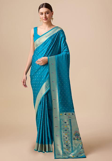 Blue Paithani Satin Silk Saree With Blouse