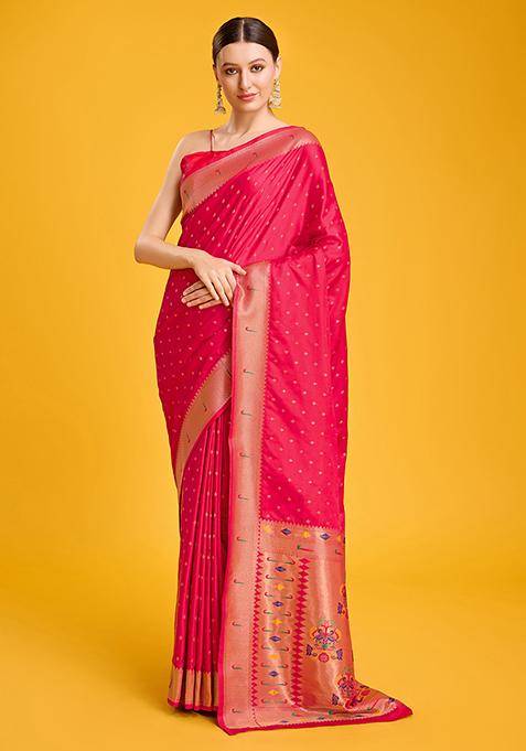 Dark Pink Paithani Satin Silk Saree With Blouse