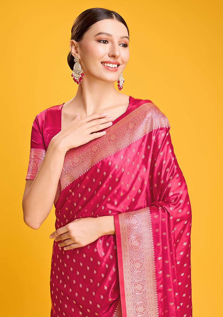 Dark Pink Banarasi Satin Silk Saree With Blouse - Indya