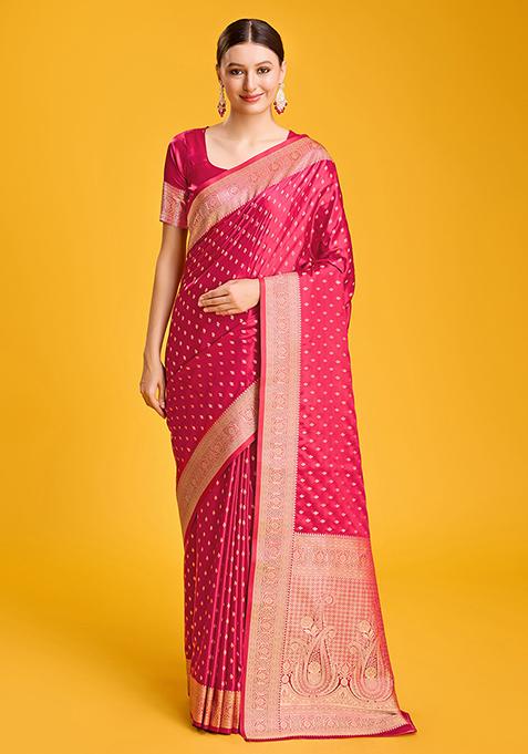 Dark Pink Banarasi Satin Silk Saree With Blouse