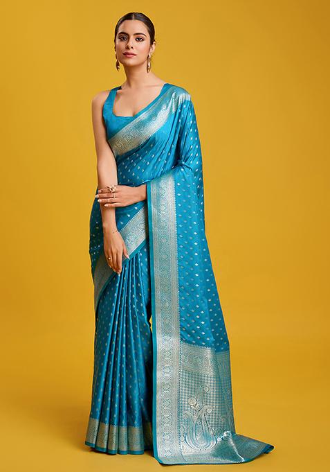 Blue Banarasi Satin Silk Saree With Blouse