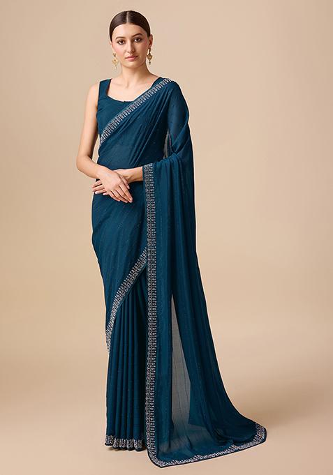 Teal Swarovski Party Wear Saree With Blouse