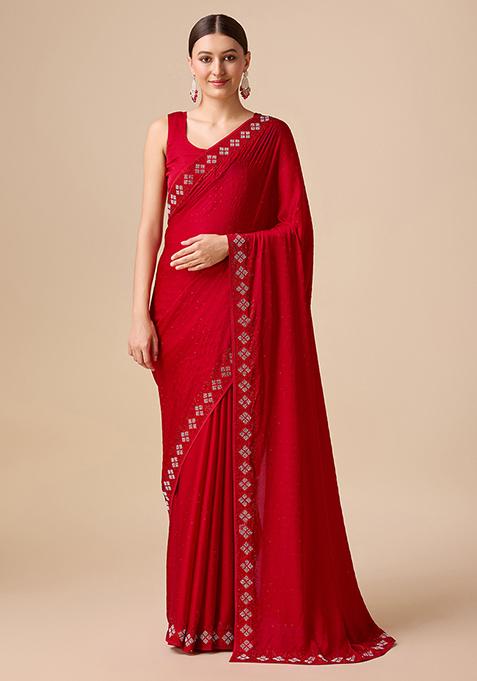 Red Swarovski Party Wear Saree With Blouse