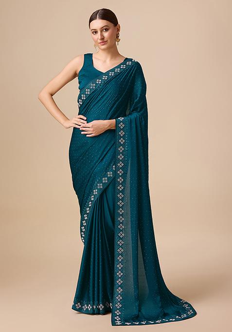 Teal Swarovski Embellished Party Wear Saree With Blouse