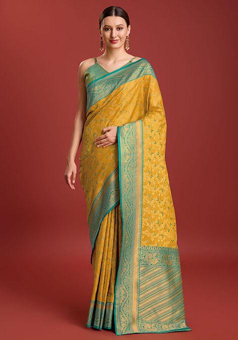 Mustard Banarasi Tissue Silk Saree With Blouse
