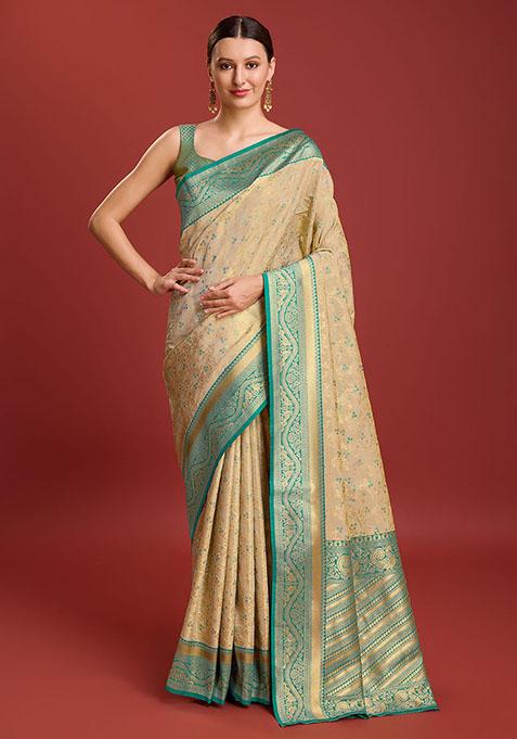 Beige Banarasi Tissue Silk Saree With Blouse