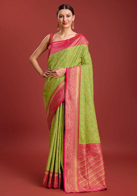 Parrot Green Banarasi Tissue Silk Saree With Blouse