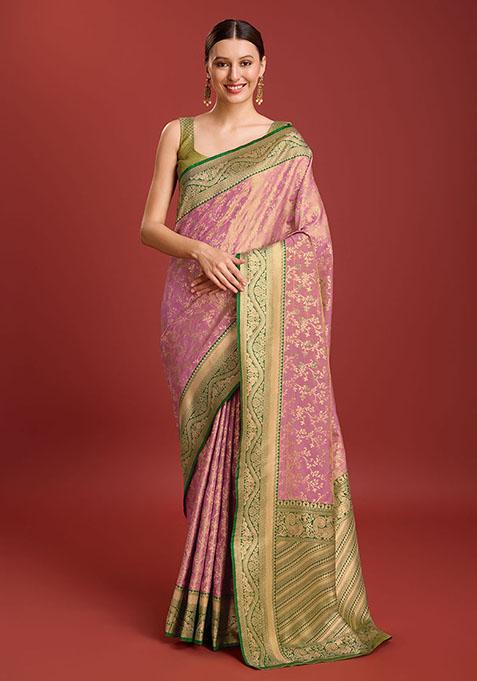 Rose Pink Banarasi Tissue Silk Saree With Blouse
