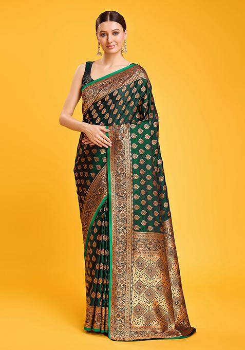 Dark Green Zari Embroidered Banarasi Silk Saree With Blouse