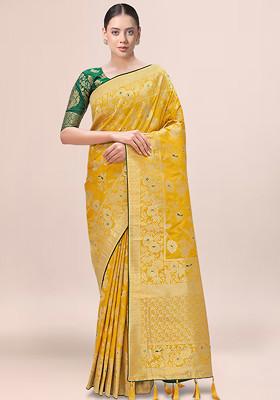 Yellow Zari Work Banarasi Silk Saree With Blouse