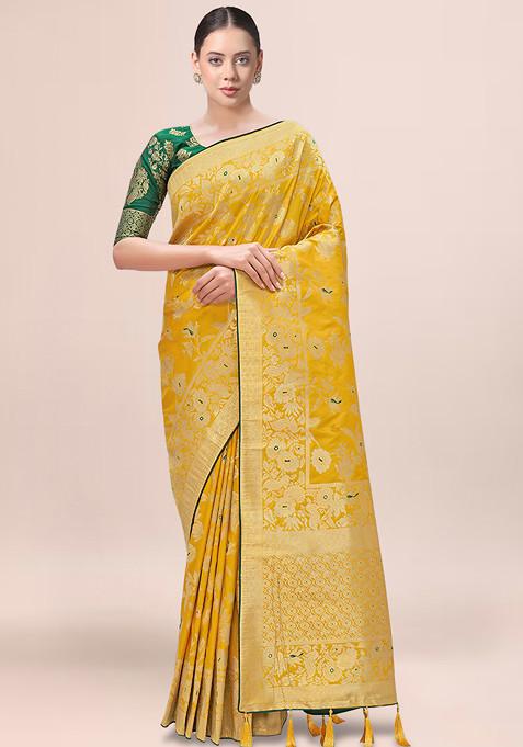 Yellow Zari Work Banarasi Silk Saree With Blouse