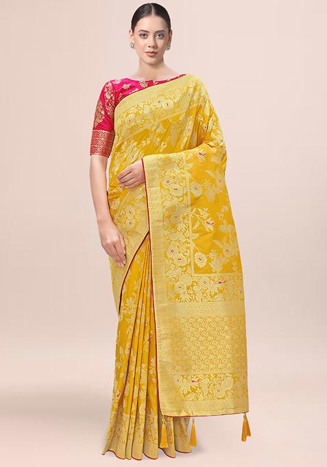 Yellow Zari Embroidered Banarasi Silk Blend Saree With Blouse