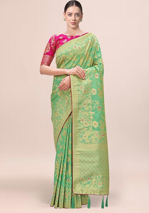 Light Green Zari Work Banarasi Silk Saree With Blouse