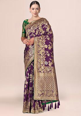 Dark Magenta Zari Embroidered Banarasi Silk Saree With Blouse