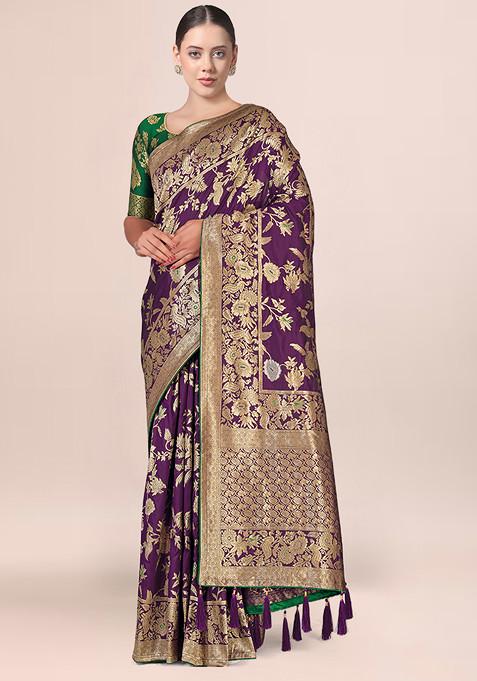 Dark Magenta Zari Embroidered Banarasi Silk Saree With Blouse