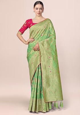Light Green Zari Embroidered Banarasi Silk Saree With Blouse