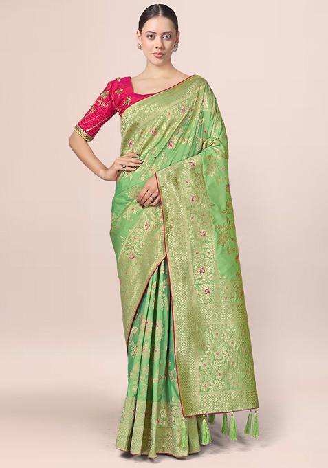 Light Green Zari Embroidered Banarasi Silk Saree With Blouse