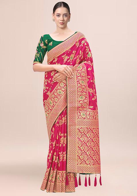 Magenta Zari Embroidered Banarasi Silk Blend Saree With Blouse