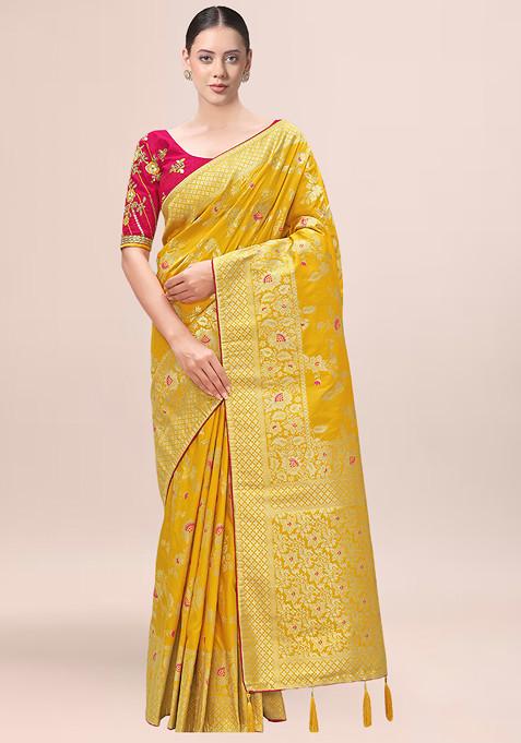 Yellow Zari Woven Banarasi Silk Saree With Blouse
