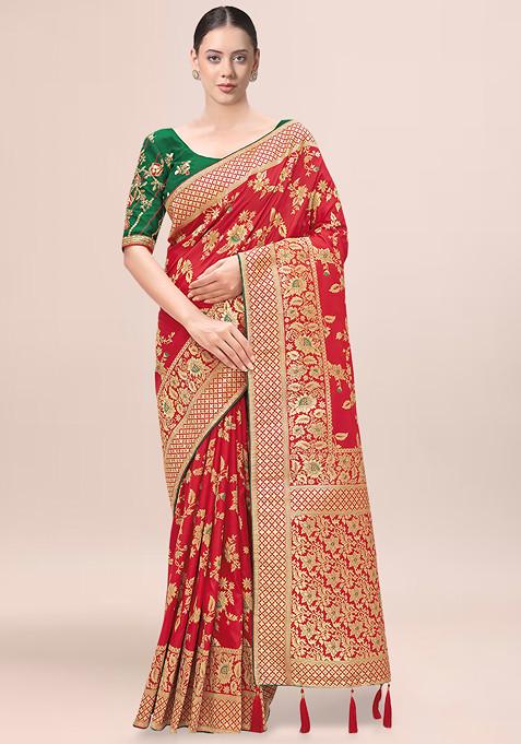 Red Zari Woven Banarasi Silk Blend Saree With Blouse