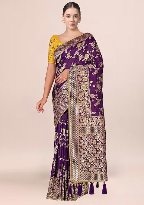 Purple Zari Woven Banarasi Silk Saree With Blouse