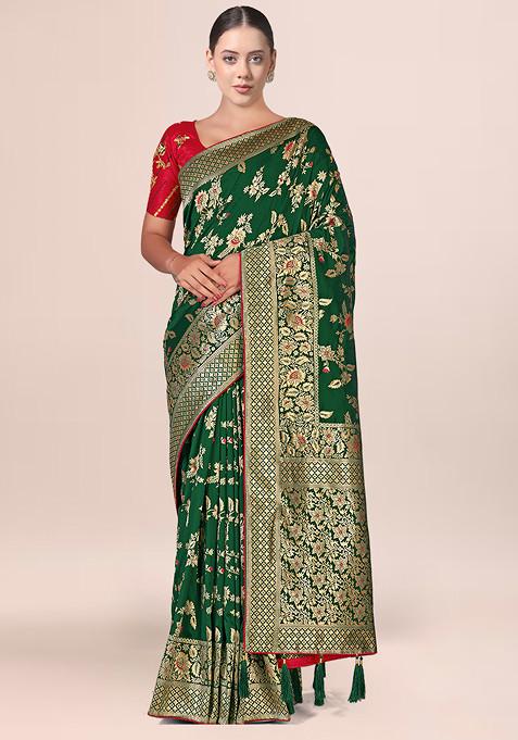 Dark Green Zari Woven Banarasi Silk Saree With Blouse