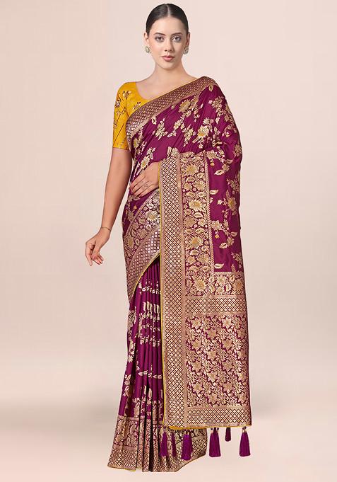 Dark Magenta Zari Woven Banarasi Silk Saree With Blouse