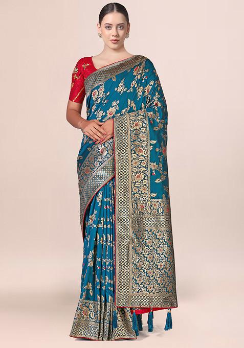 Turquoise Zari Woven Banarasi Silk Saree With Blouse