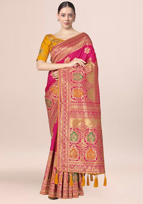 Rani Pink Embroidered Banarasi Silk Saree With Blouse