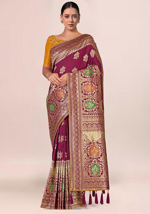 Magenta Zari Woven Banarasi Silk Saree With Blouse