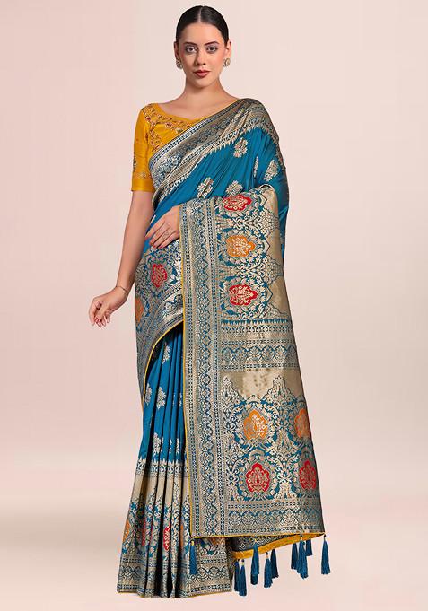 Turquoise Zari Work Banarasi Silk Saree With Blouse
