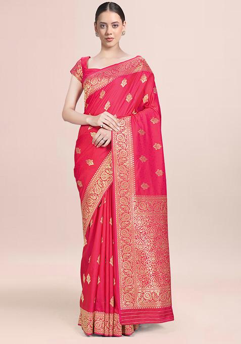 Magenta Zari Woven Banarasi Soft Silk Saree With Blouse