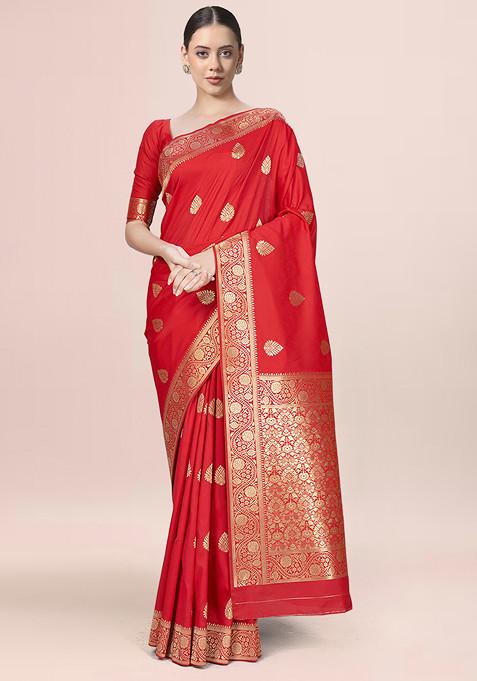Red Zari Woven Banarasi Soft Silk Saree With Blouse