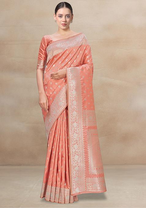 Peach Zari Woven Banarasi Soft Silk Saree With Blouse