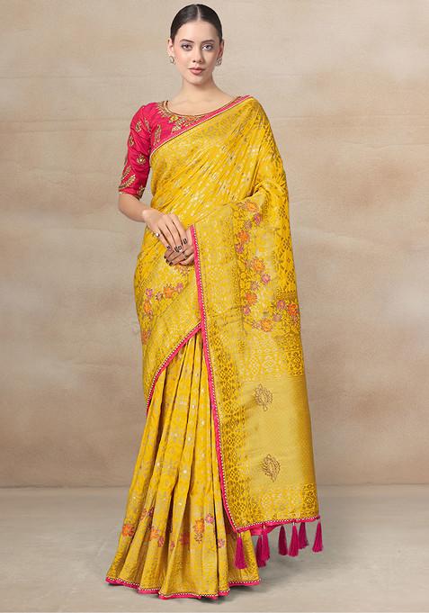 Yellow Woven Dola Silk Saree With Blouse