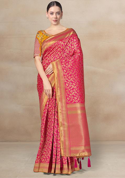 Rani Pink Zari Work Banarasi Silk Saree With Blouse