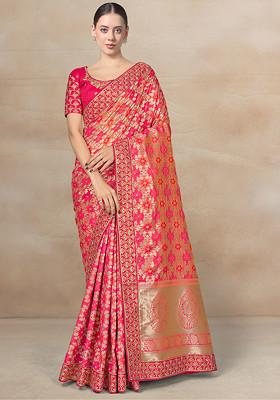 Pink Stone Work Banarasi Silk Saree With Blouse