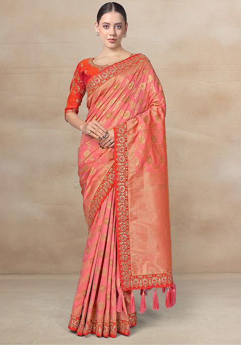 Pink Stone Work Kanjivaram Silk Saree With Blouse