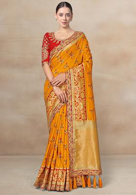 Amber Yellow Stone Work Kanjivaram Silk Saree With Blouse