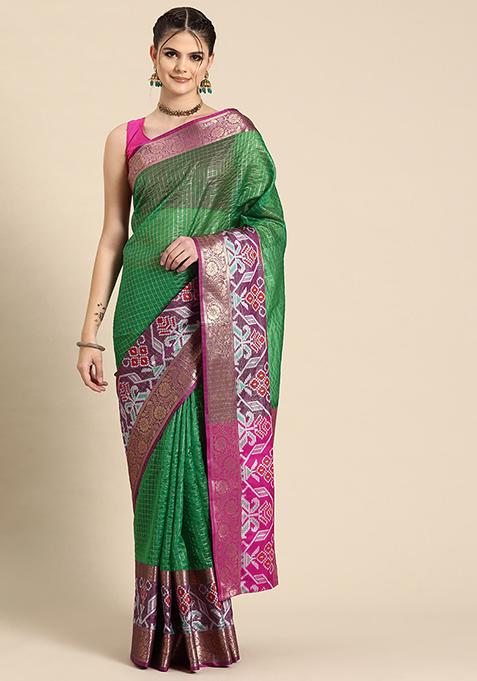 Green Zari Work Art Silk Ikkat Pattu Saree With Blouse