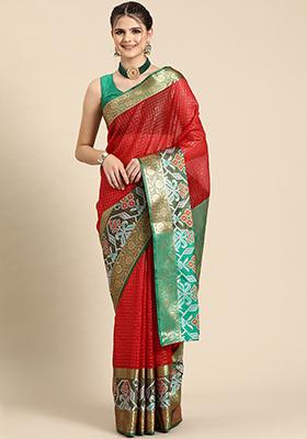 Red Zari Work Art Silk Ikkat Pattu Saree With Blouse