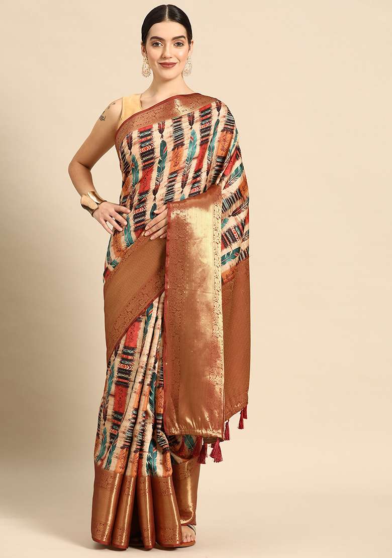 Beige Digital Print Kanchipuram Pattu Silk Blend Saree With Blouse - Indya