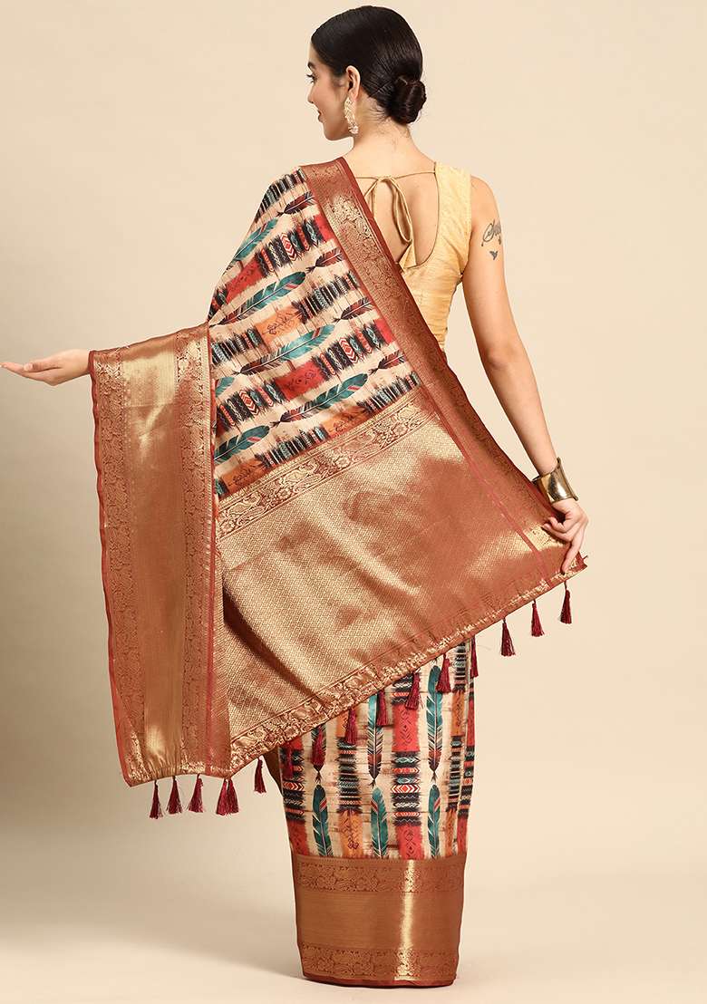 Beige Digital Print Kanchipuram Pattu Silk Blend Saree With Blouse - Indya