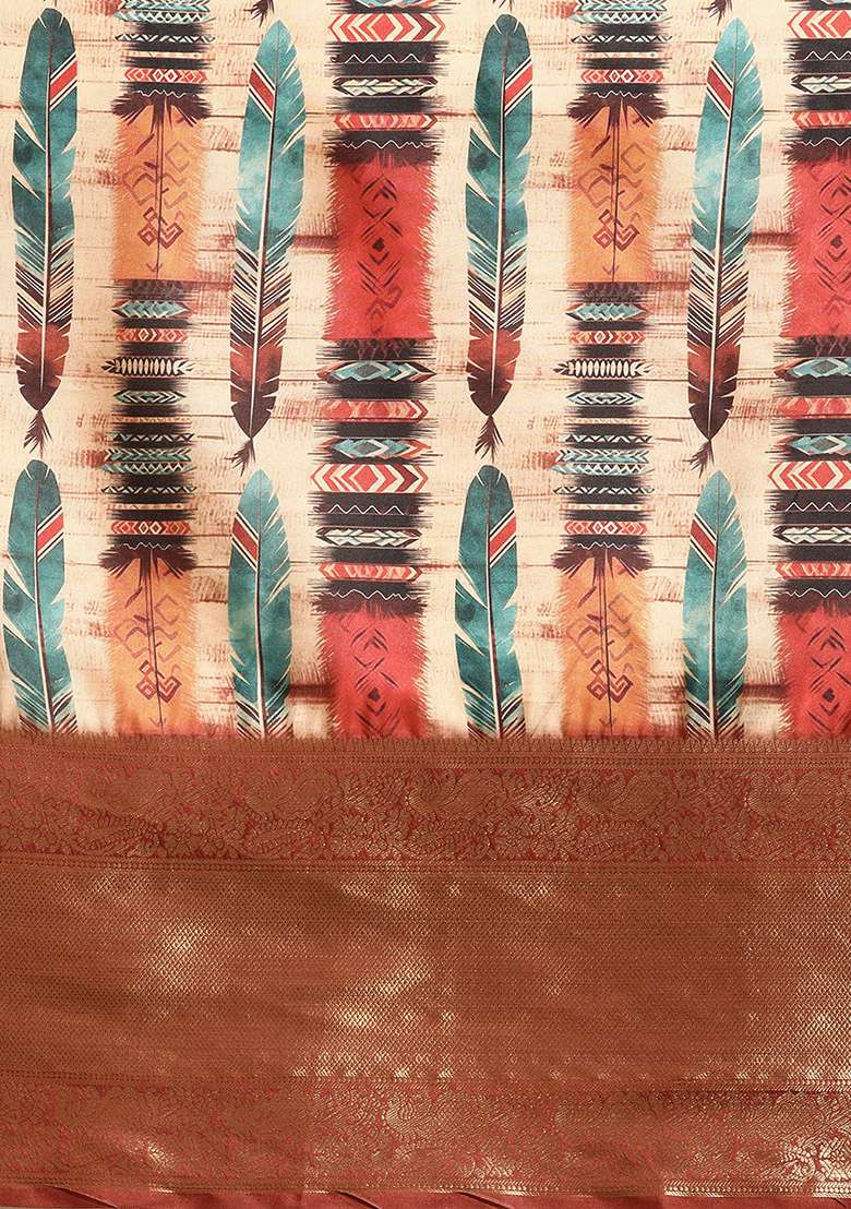 Beige Digital Print Kanchipuram Pattu Silk Blend Saree With Blouse - Indya