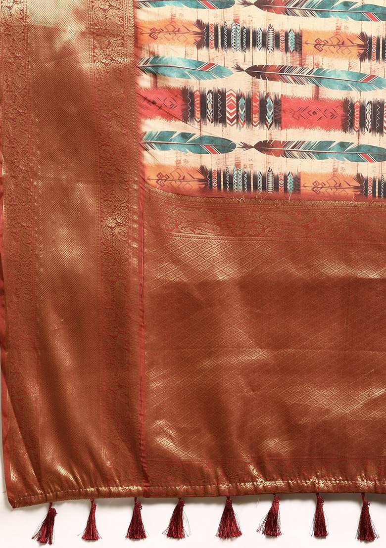 Beige Digital Print Kanchipuram Pattu Silk Blend Saree With Blouse - Indya