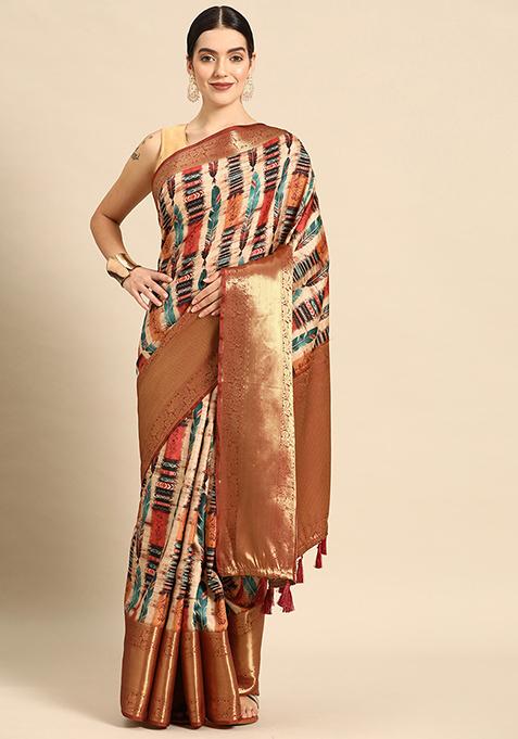 Beige Digital Print Kanchipuram Pattu Silk Saree With Blouse