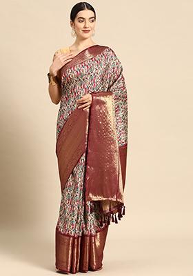 Off White Digital Print Kanchipuram Pattu Silk Saree With Blouse