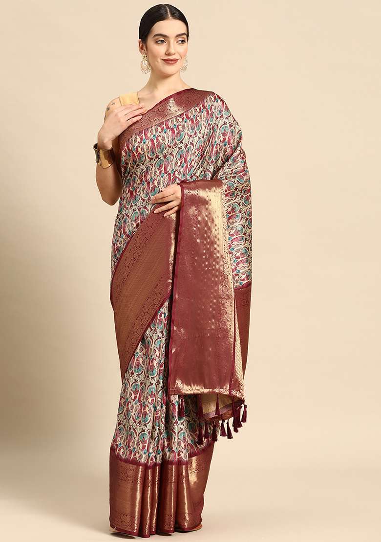 Off White Digital Print Kanchipuram Pattu Silk Blend Saree With Blouse - Indya