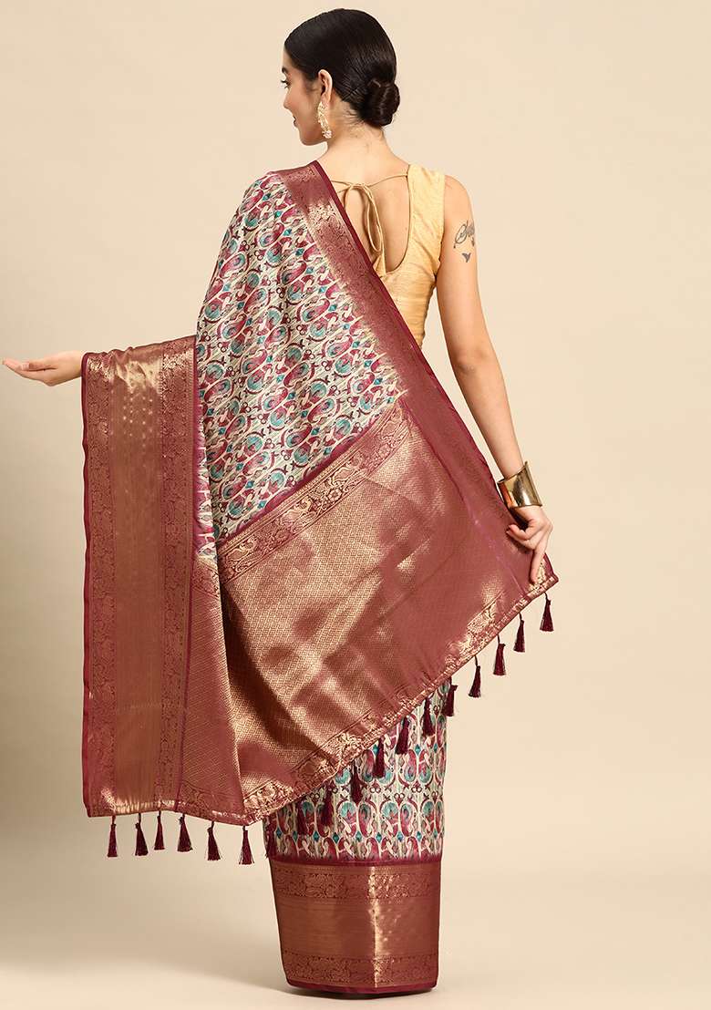 Off White Digital Print Kanchipuram Pattu Silk Blend Saree With Blouse - Indya